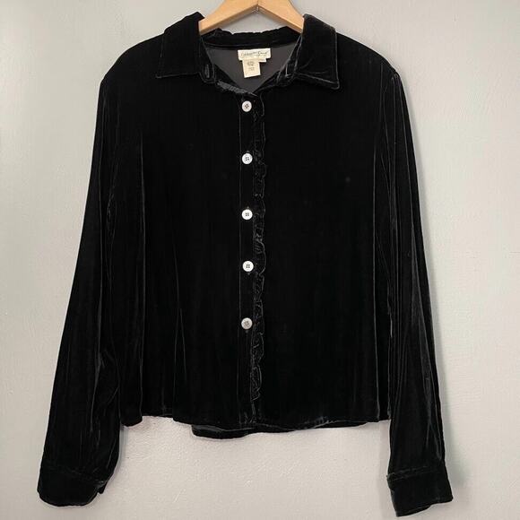 Coldwater Creek Button Up Top Sz Medium Black Ruffled Silk Velvet Dark Romantic - Picture 1 of 7